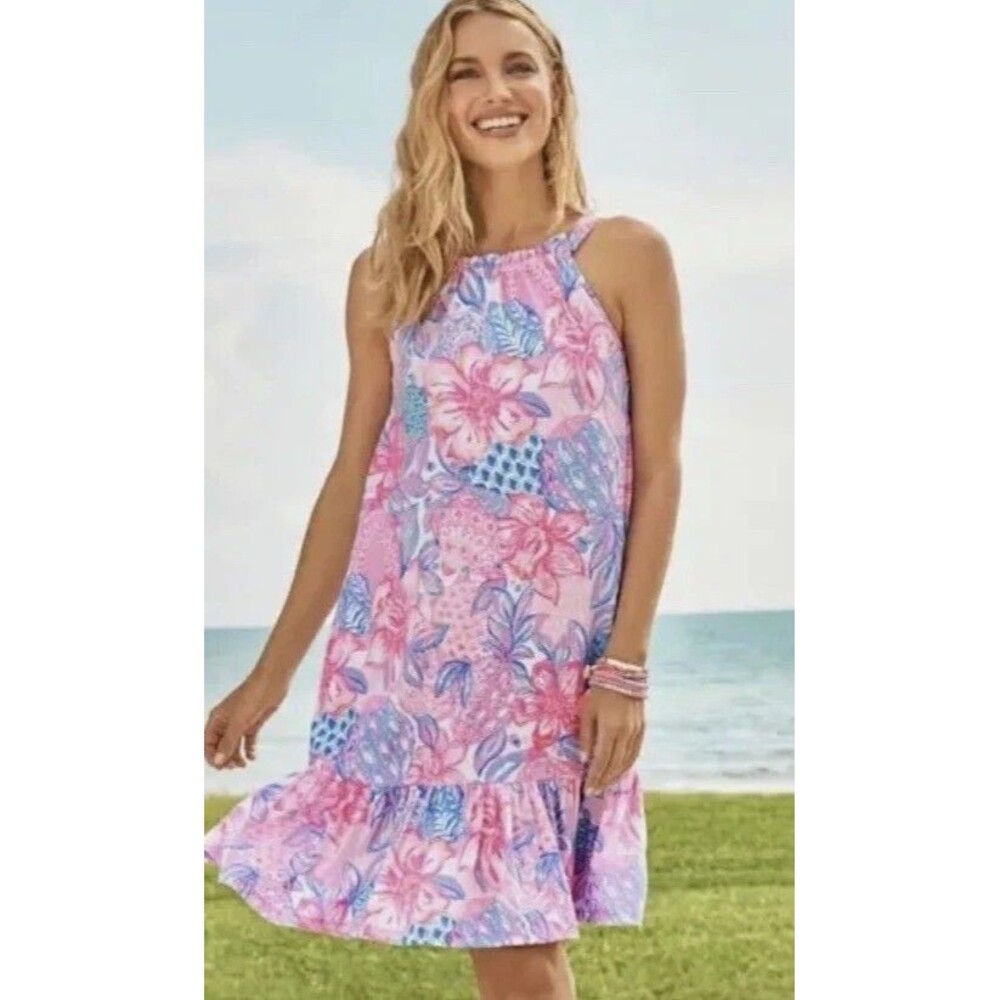 Lilly Pulitzer Saira Halter Mini Dress Floral Printed Ruffle Cotton M NWD 282114 - Picture 2 of 9